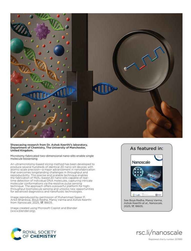Image shows various red/green/blue/yellow biomolecules gathered on the left side of a nano-slit device, with only one blue DNA molecule able to pass through. On the right side, a hand holds a magnifying glass with a blue/red scan line profile shown in the lens.