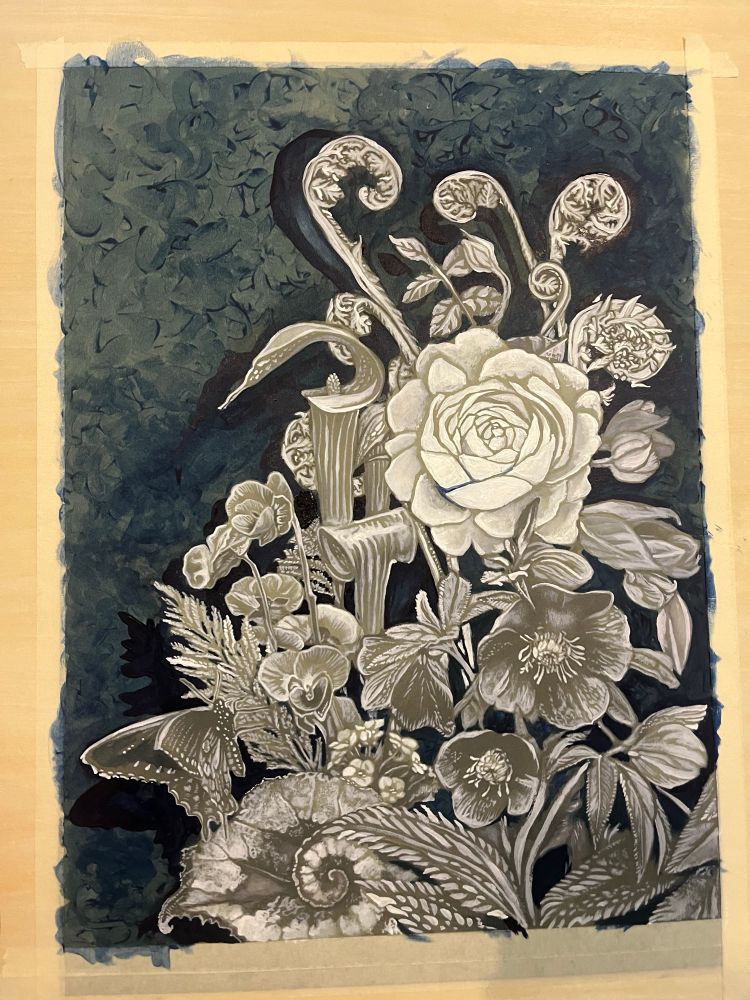 Painting in progress with a blue background and white detailed plants taking shape in front Fern fronds, Jack in the pulpit, a large rose, and hellebore blossoms are visited by swallowtail butterfly.