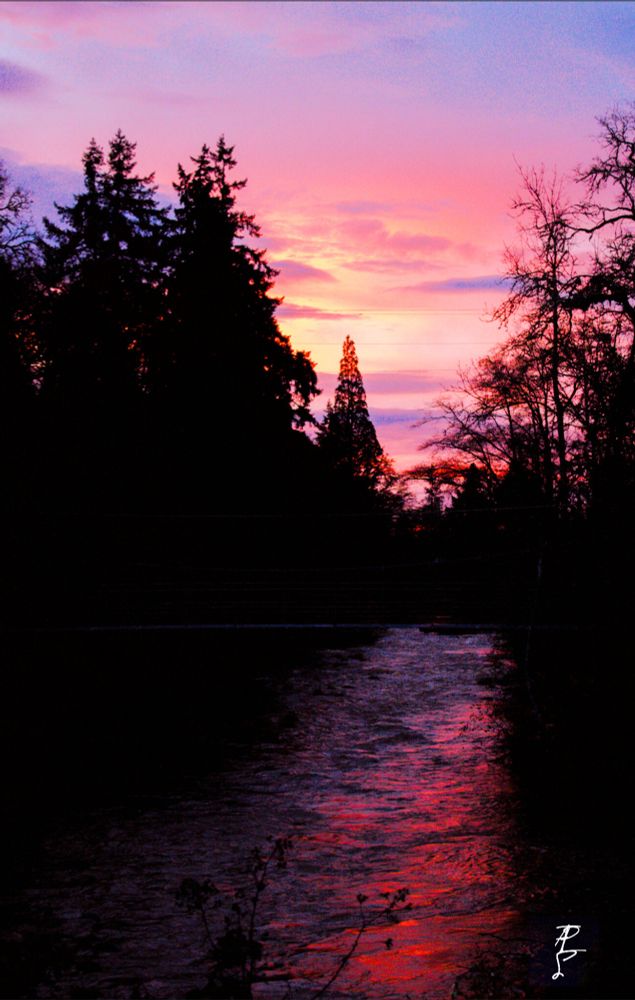 Red brilliant dawn over the Willamette River..