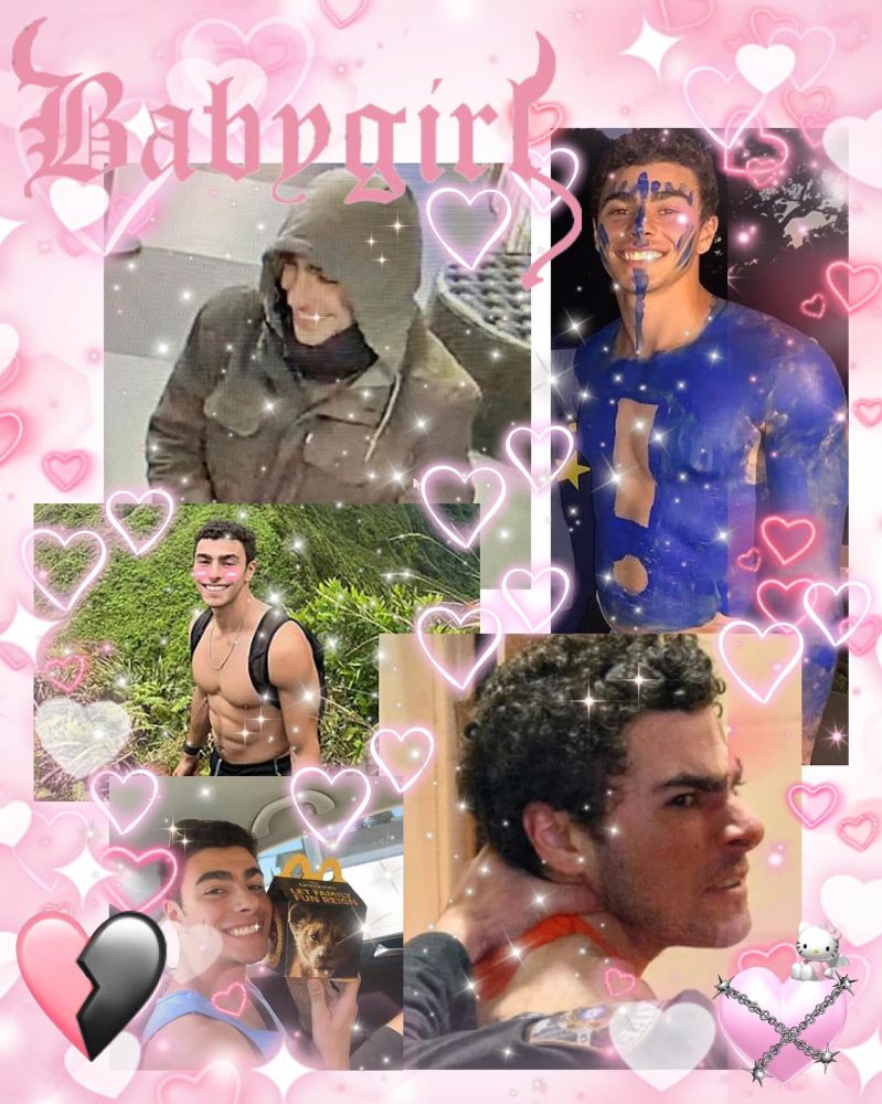 Collage of photos of Luigi Mangione with hearts and the word “Babygirl” in graphic pink font