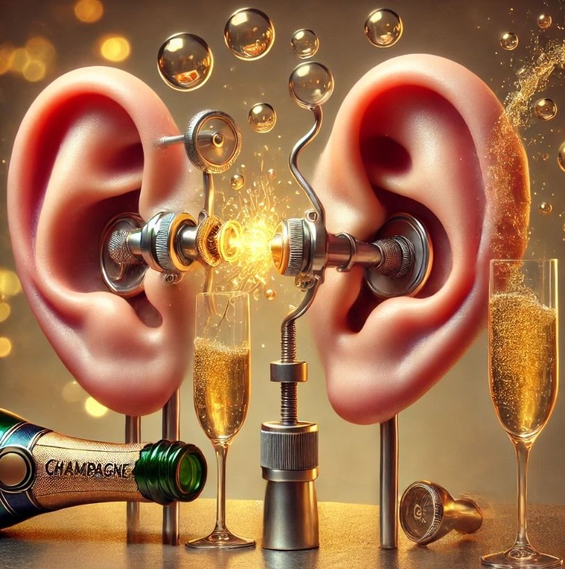 Ein KI-generiertes Bild von zwei Ohren, die gekoppelt werden, drumherum Sekt.