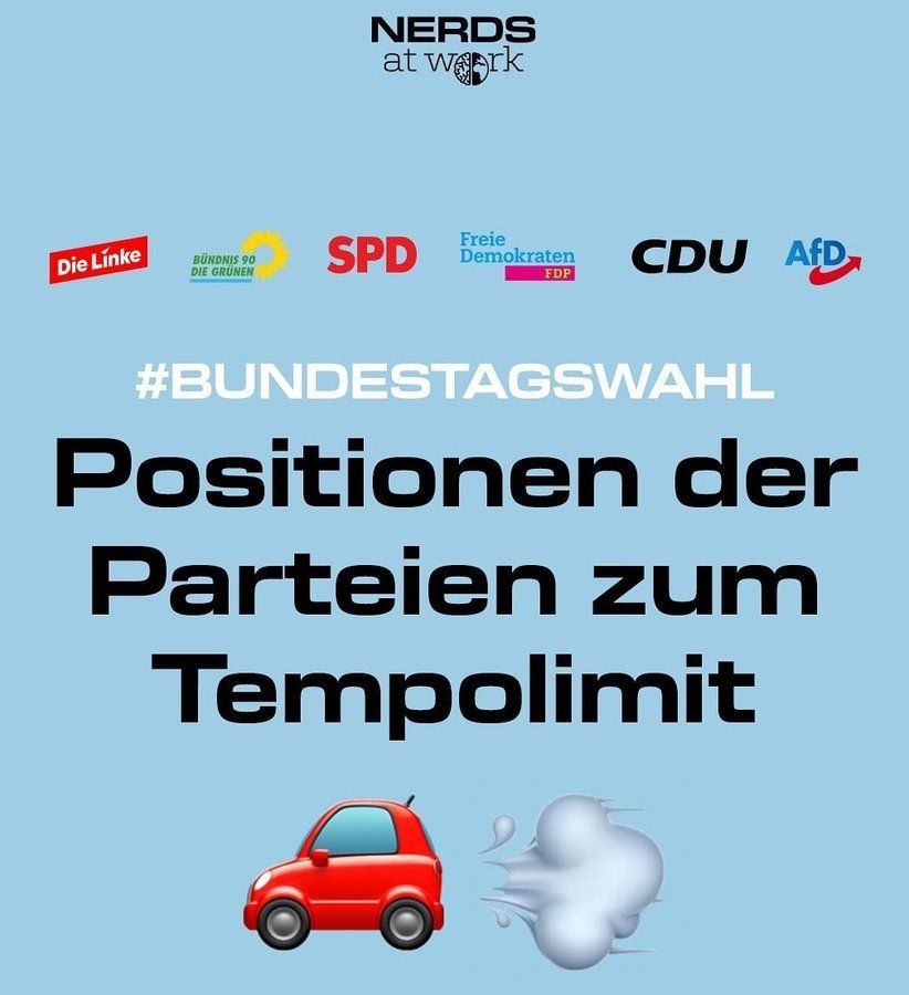 Nerds at work
Die Logos der Parteien
#Bundestagswahl
Positionen der Parteien zum Tempolimit