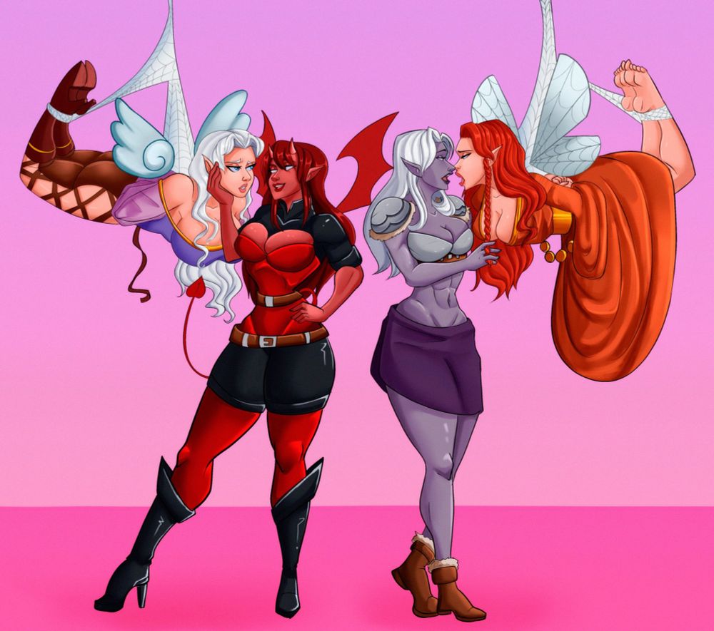 Two couples having fun with their respective partners and some spider web suspension bondage. On the left, Loraine is being tended to by Alessa, while on the right, Shi'nanna tends to Rhuna.

Alessa and Loraine belong to squeakytiefling and lightdark75, respectively. 