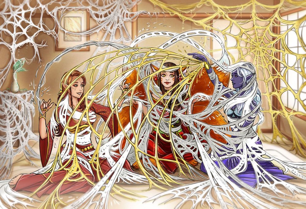 Rhuna, Yuuka and Shi'nanna (from left to right) sitting together in the room of a traditional Japanese-style home. Spider webs in white, silver and gold colors are stretched along the walls and surfaces of the room. The three girls are spraying spider webbing over each other in a playful fashion; Rhuna and Shi using their web shooters, Yuuka using the tips of her kitsune tails.