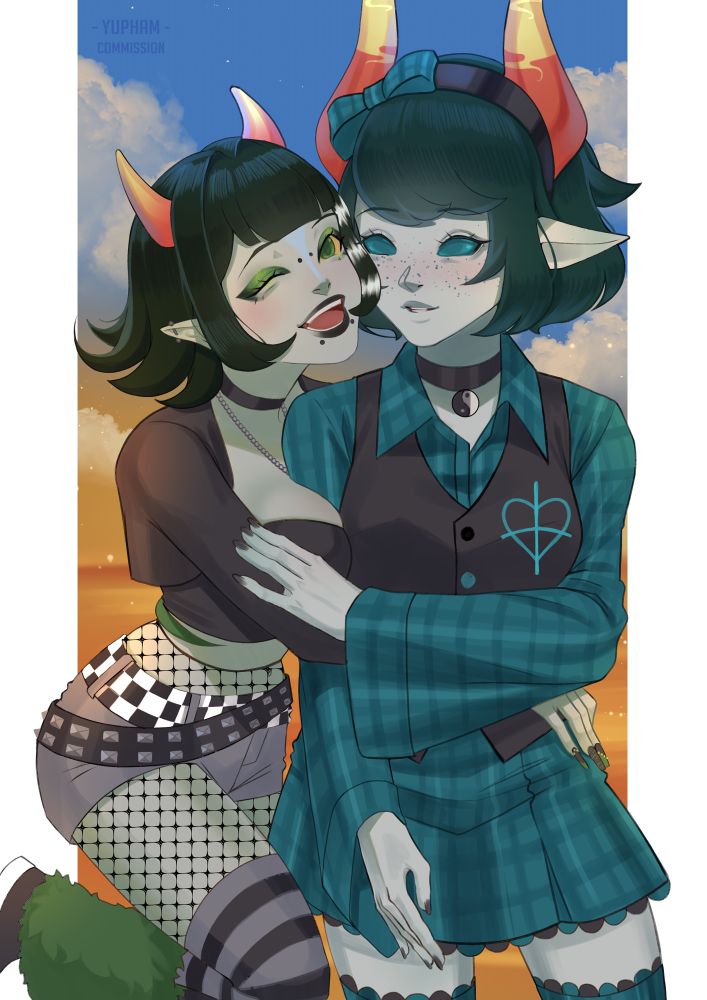 Tissan, an olive blood troll, hugging Meiran, a teal blood troll, from the side
Art by Yupham on Vgen
