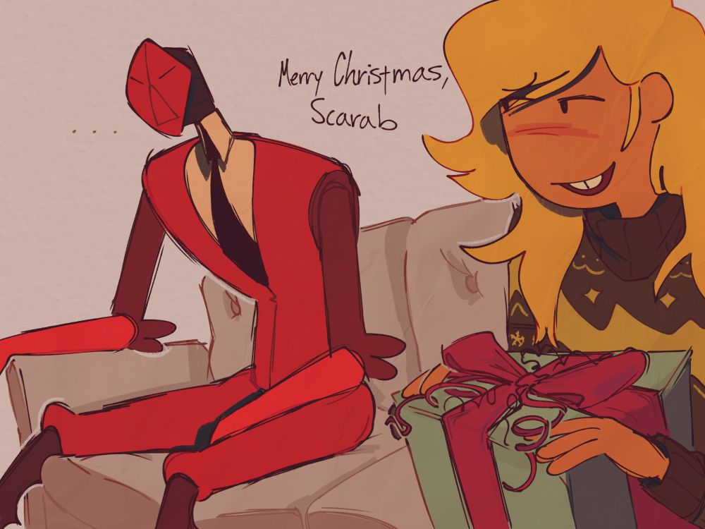 Scarab and Fionna sit on opposite ends of a couch, Fionna holds a present for him.

"Merry Christmas, Scarab"
