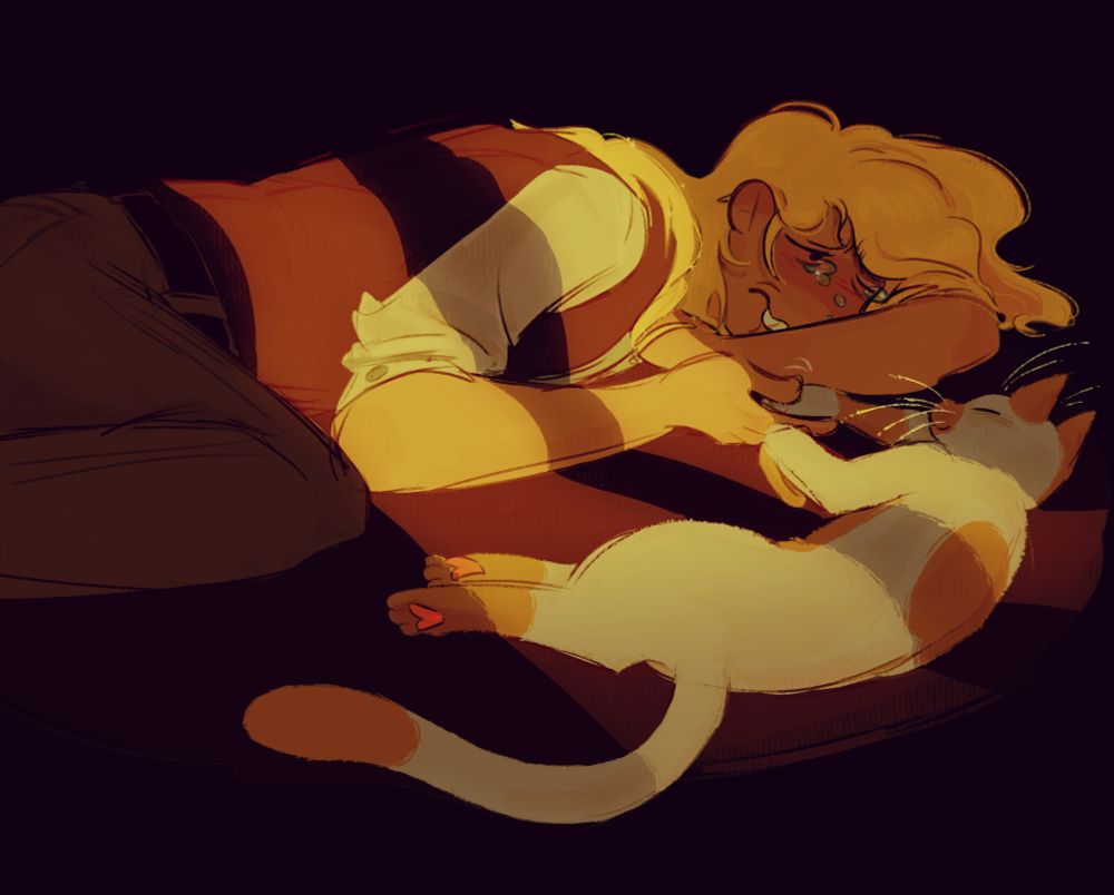 After a hard day, Fionna lays down with Cake, who gives her paw for Fionna to hold.