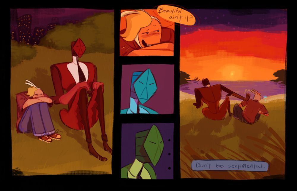 Fionna and Scarab watch the sunset, she makes a comment about the beauty, Scarab pushes her away.

"Beautiful, ain't it?"
. . .
"Ugh. Don't be sentimental."