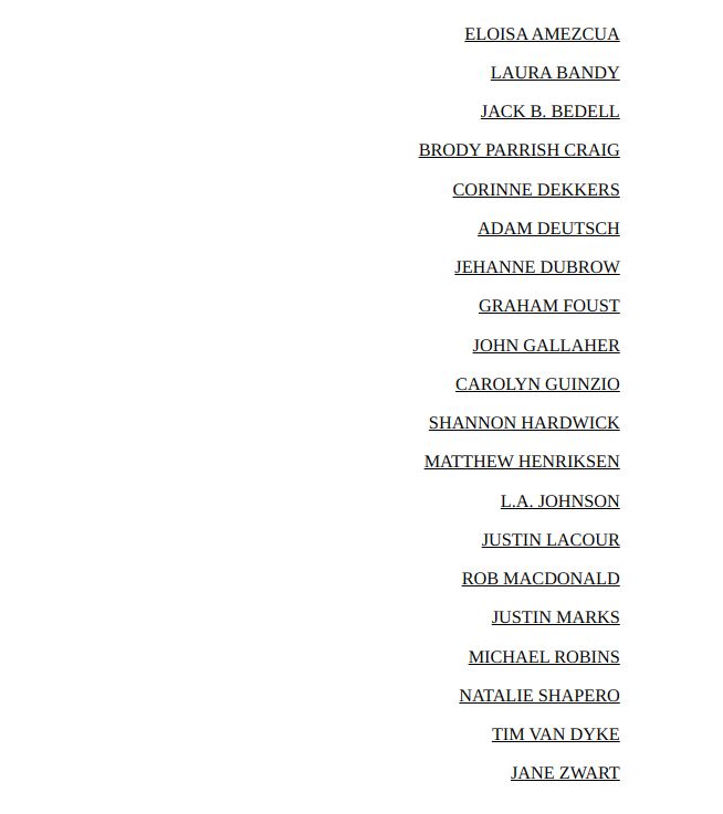 This list of contributors to Autocorrect & the whole first issue can be found in a more accessible format here: https://www.autocorrectmag.com/01/index.html