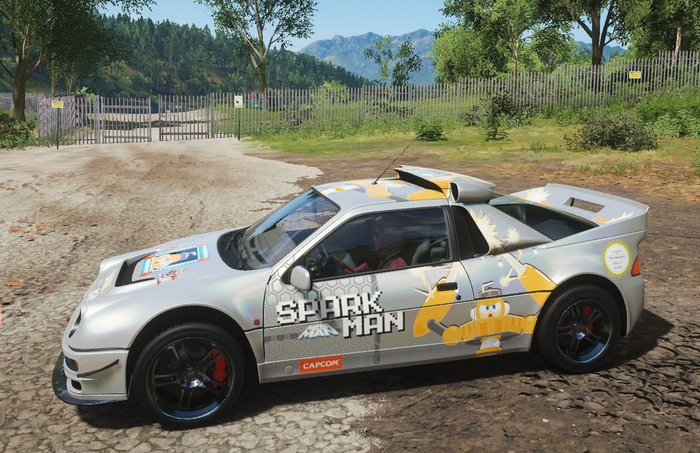 FordRS200 stationary, viewer facing it's left side that has custom Spark Man- character decal, with basic Nes font saying "Spark Man" also with the MegaMan- and Capcom logo, Nintendo seal of quality in the rear. 
The car itself is painted shiny, oily metallic grey with black tires.