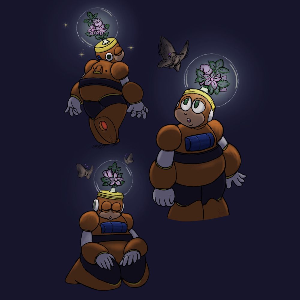 Bright Man from Mega Man 4 in 3 different poses. He's got a new lightbulb that was inspired of old oil lamps. Inside it, there are metallic fluorescent flowers that light up beautifully. In the first image, Bright is walking forwards, his eyes shut in relaxation, almost sleepwalking. He's emitting little starshines when moving. The next picture is him now looking up at a moth that's found him. The moth is smitten by the lights, indicated by the little hearts. In the third picture, Bright is sitting on his knees and nodding off, 2 moths now circling his lightbulb.