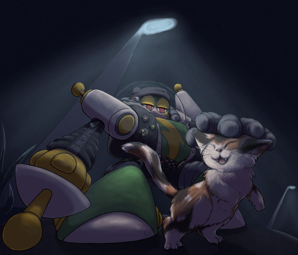 Dynamo Man from Mega Man & Bass crouching down, petting a cute calico kitten. She's jumping against his open palm, happily rubbing upwards with closed eyes. It's night with only street lamp illuminating both of them.