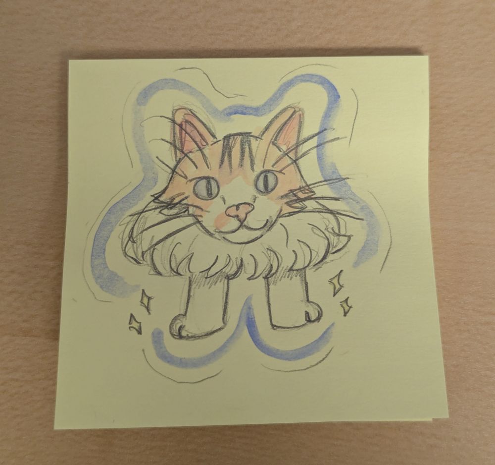 A pencil and watercolour doodle on a yellow sticky note of a bipedal fluffy orange and white tabby cat head