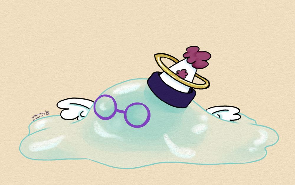 A light turquoise slime pile with Woo's accessories all lopsided: glasses, hat with halo, and wings