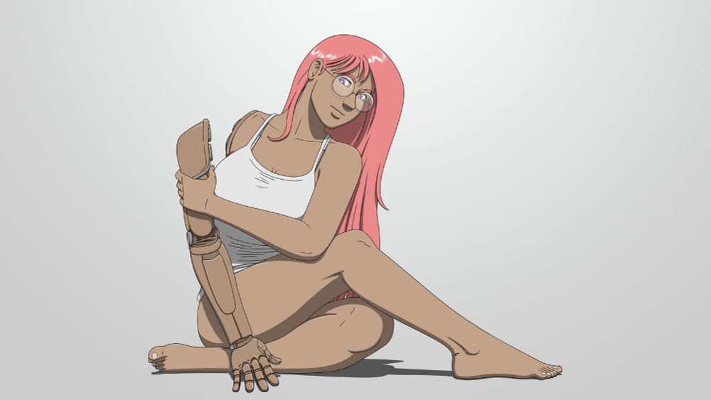 Xand, an OC from my webcomic. She's in a modified yoga pose, and is trying to reattach her cheap prosthetic right arm.

Fun fact for you alt text readers: Xand's hair was originally purple. It was changed to pink at the start of production in order to avoid comparisons to RPG World.