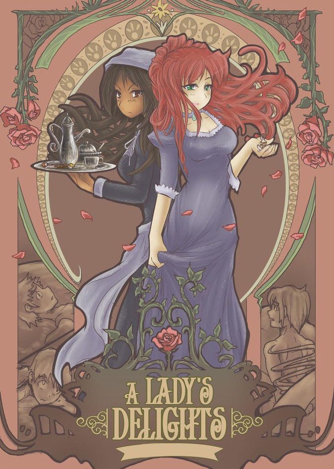 Cover for the novel A Lady’s Delights by Karie Kolibri. An elaborate, intricate floral border surrounds an illustration of two women, a white woman with red hair in a purple dress, holding a tiny person in her hand, while an woman with dark tan skin stands back to back with her, wearing a maid’s dress, carrying a tea service tray that holds two other chocolate covered tiny people.