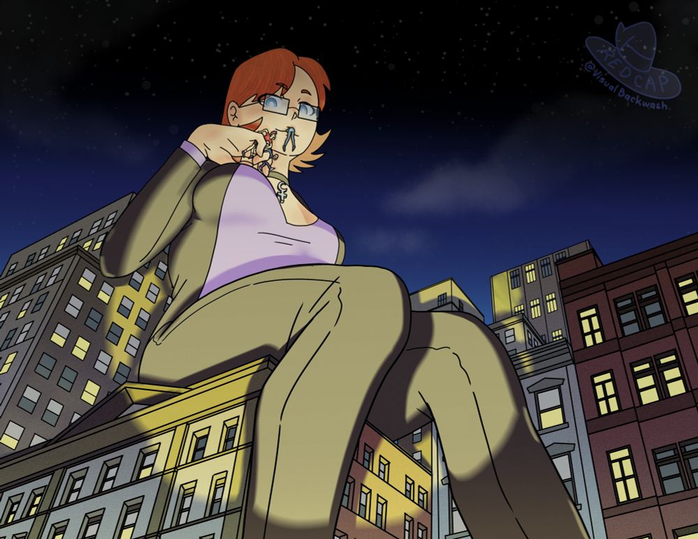 Cartoon illustration of a red haired woman in a black business suit and purple blouse sitting on top of a high rise building with a spotlight shining on her. A group of struggling people are caught between her fingers, while another is pinned between her lips, legs dangling out of her mouth.