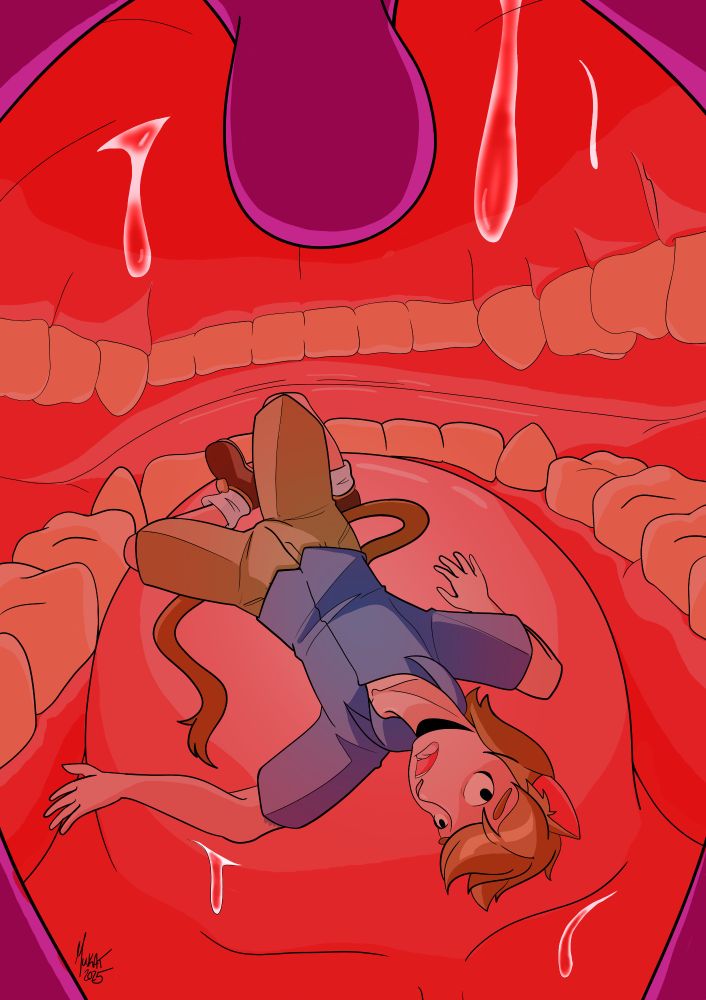 Cartoon drawing of the inside of the mouth of the mouse girl in the previous drawing. The view looks hot and humid, saliva dripping around her tongue and the roof of her mouth, while the catboy is sprawled on her tongue, about to slide into her throat.