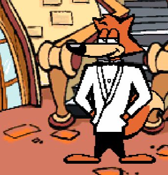 A screenshot of the titular character Spy Fox from the 1997 game "Spy Fox In: Dry Cereal". He is an anthropomorphic red fox wearing a white tuxedo jacket, a black bow-tie, and black pants. There is a stone wall with a set of stairs behind him.