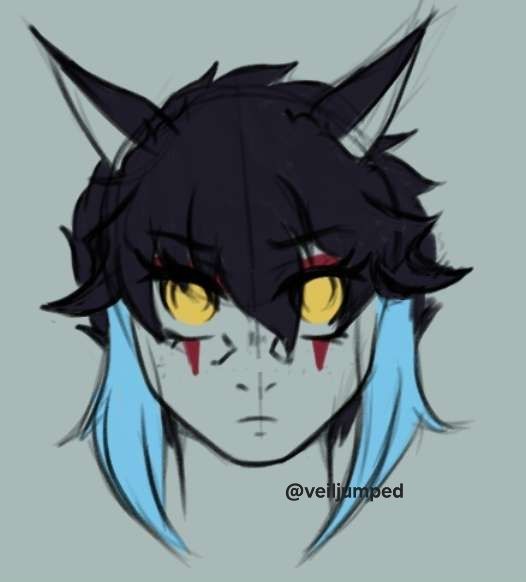 A digital drawing of a face on a light bluish-grey background. He has short, fluffy black hair with two longer pieces of blue hair framing his face. He has cat ears, bright yellow eyes, and red eye makeup.