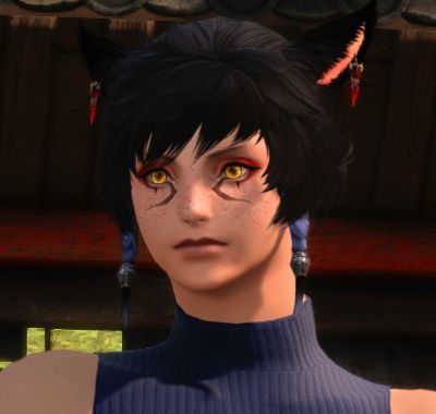 A screenshot of a character with short black hair with blue braids framing his face, yellow eyes, red eye shadow, and cat ears. He is wearing a blue top. His eyes are wide with shock.