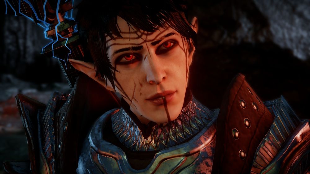 A screenshot of my inquisitor, Feynnarel Lavellan, from Dragon Age: Inquisition. Feynnarel is a pale elf with red eyes, short black hair, and black facial tattoos (vallaslin). He is wearing dark metal armour and is looking at something off-screen with a frown.