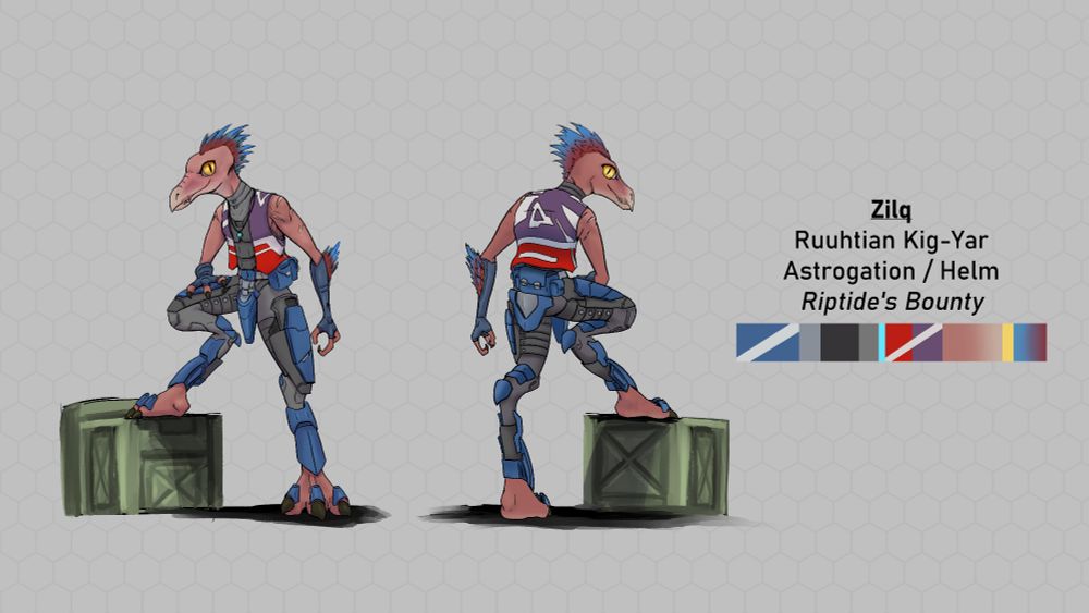 Front and back view of a Kig-Yar (Jackal) OC from the Halo franchise in grey and blue armor stands with his foot up on a metal military box. He has a vest in white purple and red. His mohawk of quills are red at the roots and blue at the tips. He has a smug, jaunty, swashbuckling energy to him.

There is a color palette and character information:
Zilq
Ruuhtian Kig-Yar
Astrogation/Helm
Riptide's Bounty