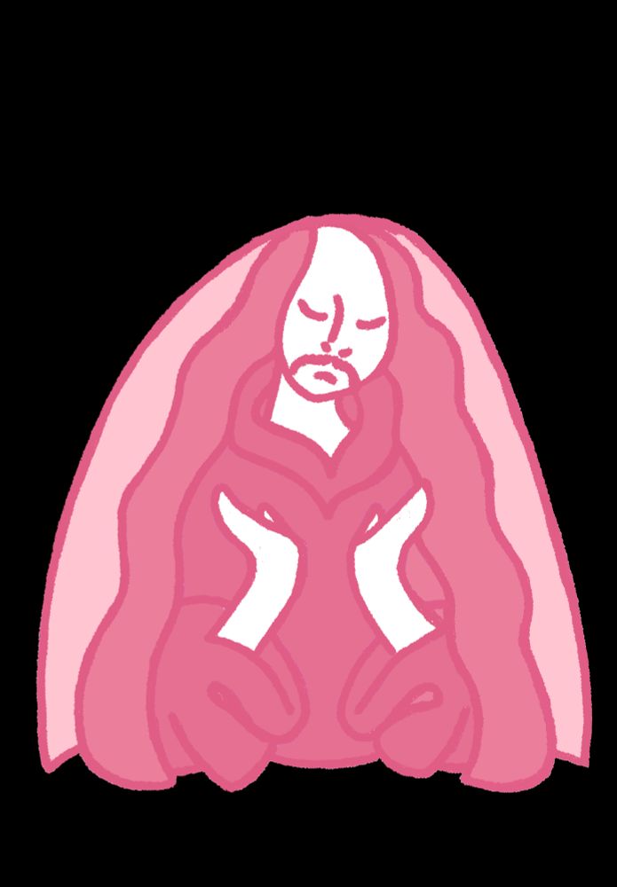 An artistic depiction of Squodge, accented with the colour pink whilst are adorned in flowing robes, in a pose similar to that of The Virgin Mary.