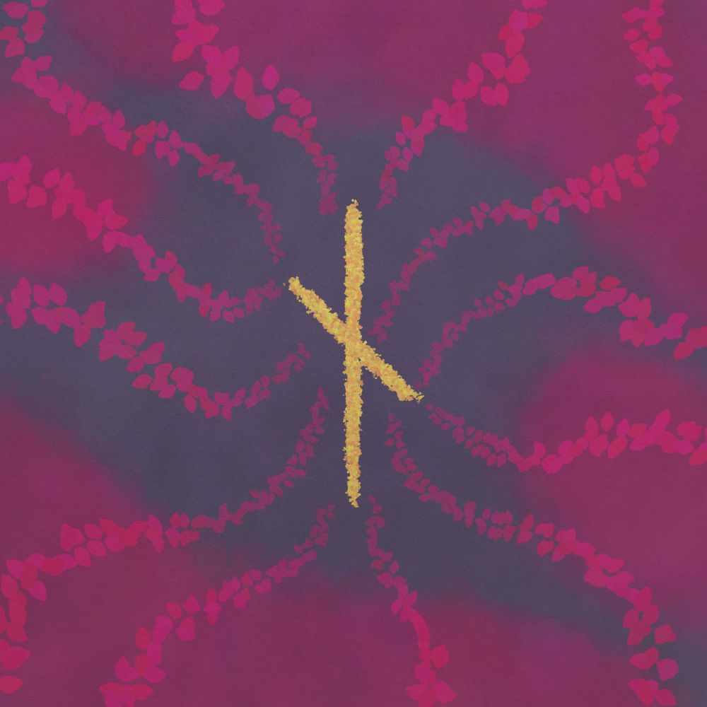 Gold Nauthiz rune on a red and red toned black background with red petals forming flowing lines directing attention to the Nauthiz rune in the center.