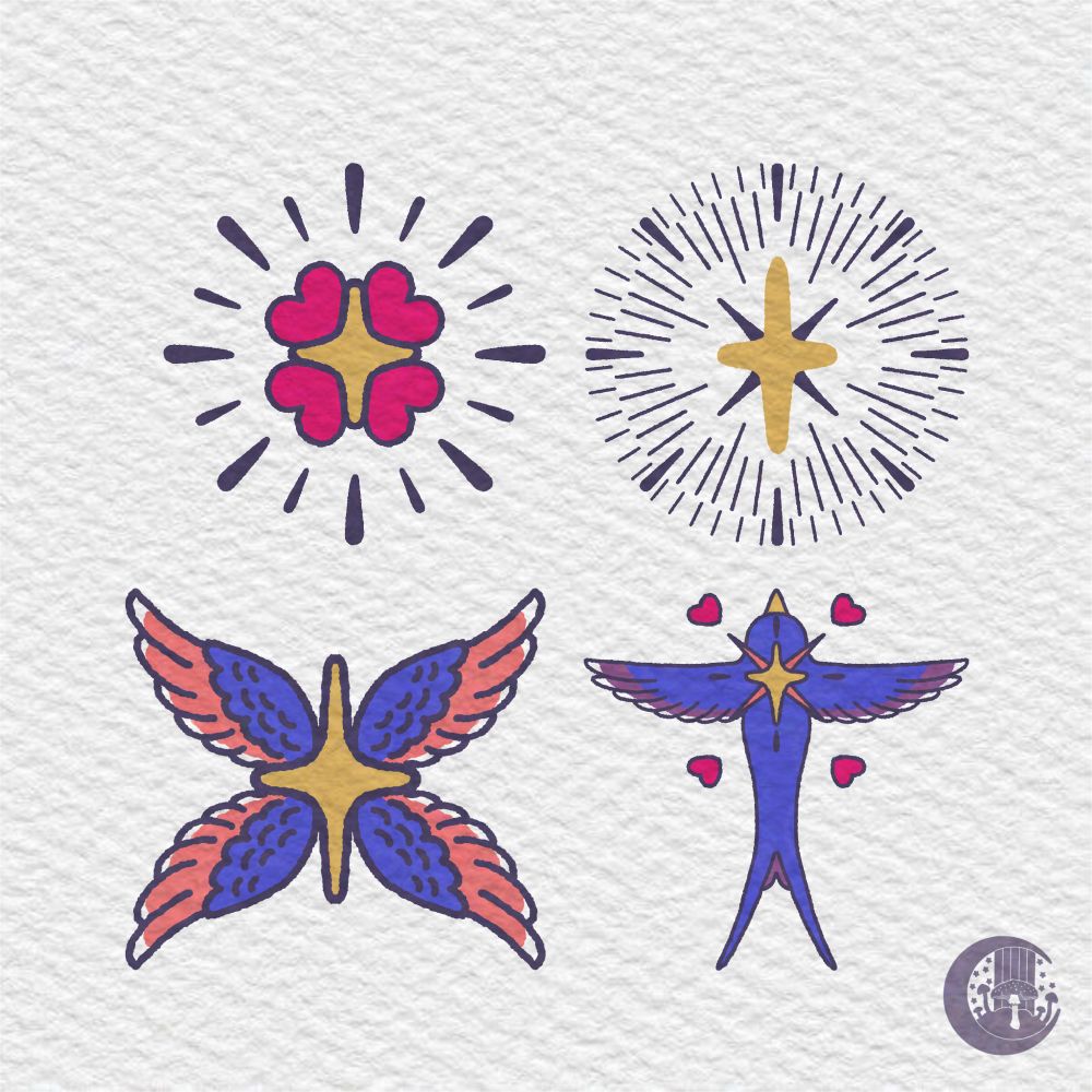 1st design - Digital art on a watercolor paper background, a four pointed star with four hearts butted up against the star, a heart between each point and lines shaped like very narrow point fingernail talons surrounding the hearts and stars in a circle.

2nd design - a four pointed star with four black thin points between each point. Multiple thin lines surrounding the star in a circle. 

3rd design - four pointed star with four wings between each point. Wings are cobalt blue on the top half and the last row of feathers are a orange-coral color. 

4th design - a blue swallow with the tips of the last row of feathers being white and a purple-brown. A four pointed star on its back with orange narrow points between each point. A heart 0.5 inch away from each orange point. 