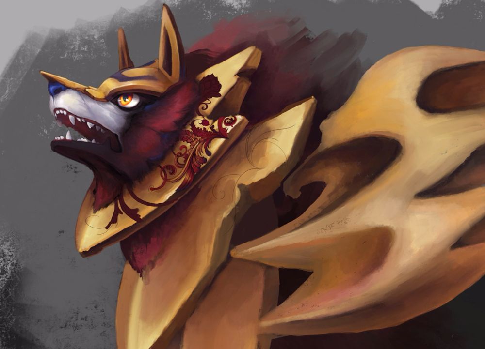 An abandoned painting of Zamazenta
With decorative armor plates. The filigree was intended to replace the bold red stripes on the offical design but proved too fiddly and looked badly done.