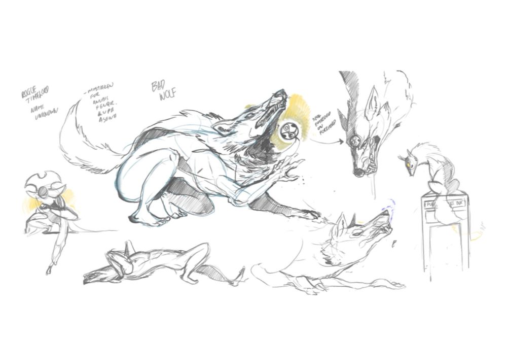 Some rough sketches of Shuck/Scrimfaxi being stuck in a biological time loop; he changes from ‘Time Lord’ to a great lupine beast that was an ancient ancestor of the already ancient order. The process is painful and leaves him hyper mobile.

He also possesses some very twisted spatial powers