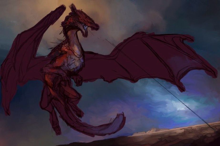 A scrapped painting of the Elder Dragon Safi’jiva. The angle of the art is tilted slightly and looking up at the red dragon in mid flight, as it is using a blue breath attack.