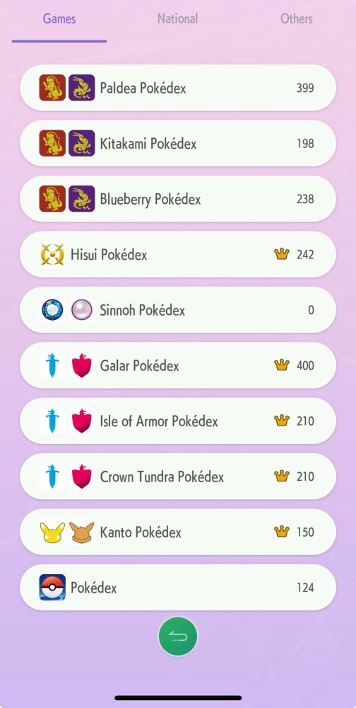 A screenshot of a page in Pokemon Home that shows the completed game Pokedexes. The finished ones have little crowns next to their names

