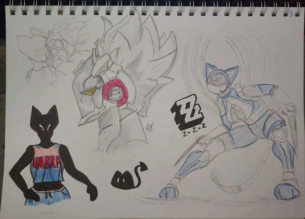 sketchbook page with diverse sketches about my artsona and billy kid from zenless zone zero