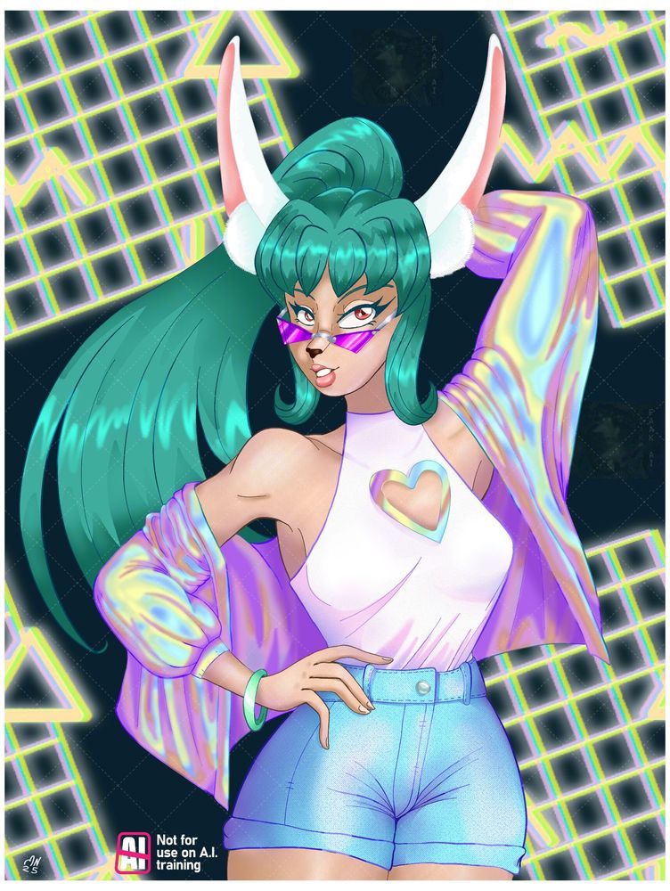My Bunny Kemonomimi OC ,Ringo Usagi or Usaringo. wearing a holographic jacket with a white armless top, that has a heart cut out on the chest also with holographic effect. rocking short light blue jeans pants. on her left arm is a light green arm band. on her nose sitting triangle shaped,pink sunglasses. her long teal hair is held together with a pony tail. she has long white ears with some cute hear pompoms and striking red eyes. she is striking a pose before a black background with some neon memphis style patterns.