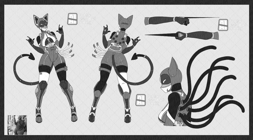 grayscale of a reference sheet WIP of my Artsona if she was a agent in Zenless Zone Zero