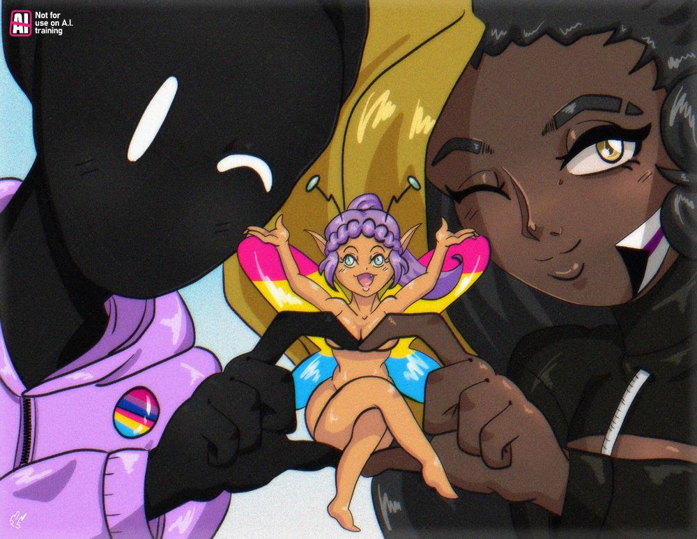 Retronekos Fursona, Lidavis OC telly and Kyros OC Riann hanging out together on pride!
