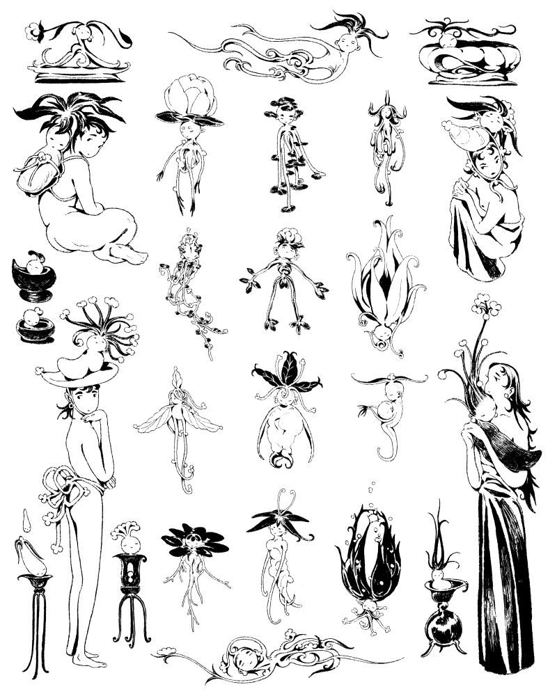 a collection of tattoo designs inspired by mandrakes from Putikala and their caretakers.