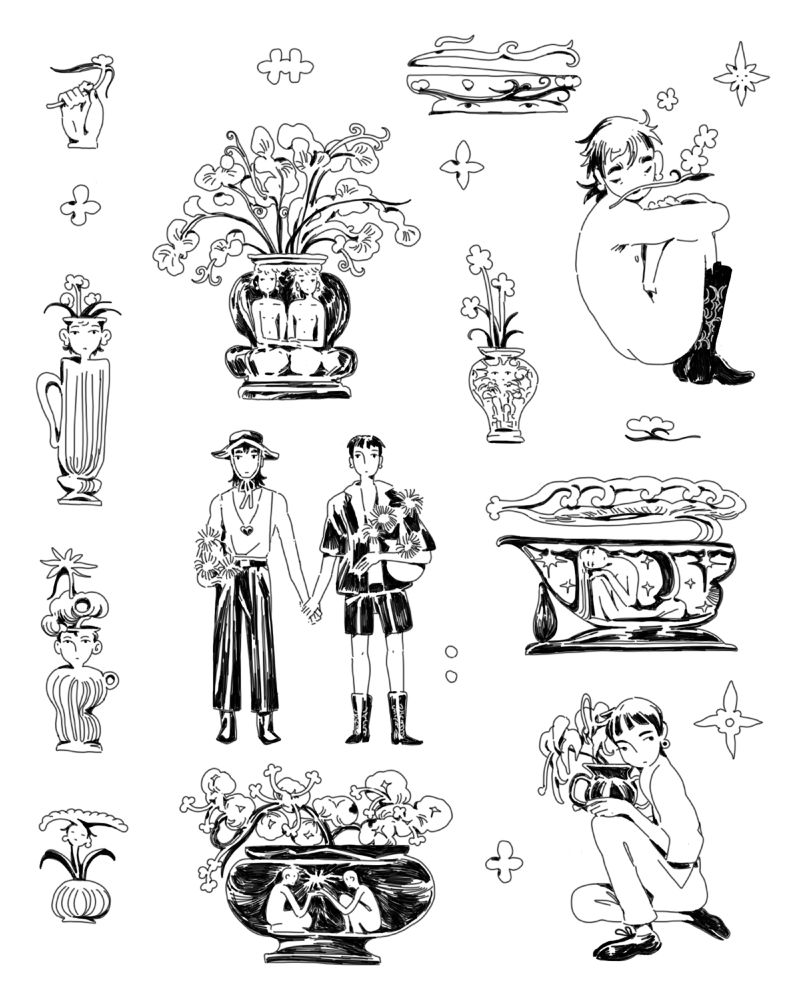 a tattoo flash sheet of potted flowers and boys in different poses holding different floral elements