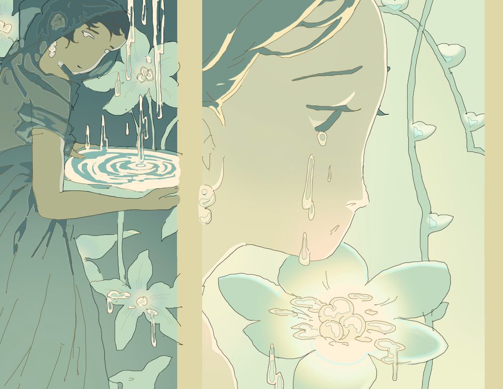previews of Suma's cards, her gathering water from the rain while she's shrouded on the left, and her crying in grieve while her tears gather on a flower on the right.