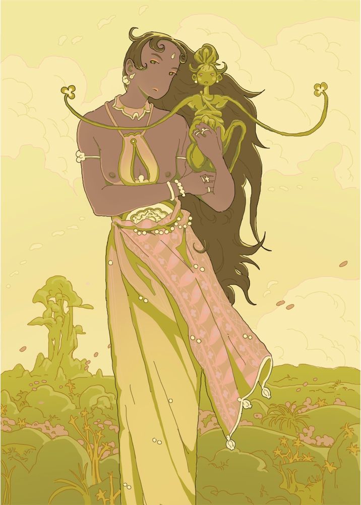 Bhon's evolve form with one of her mandrakes and the Birthing Tree in the distant.