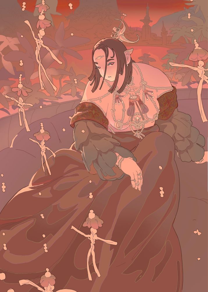 Senja's evolve form with her woven dolls dancing in front of her