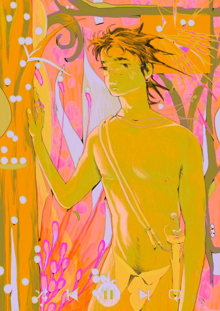a man stands while he rests his hand on a giant stalk, with pollens and flowers blooming into multitudes of colours.