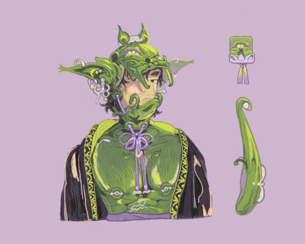 blushing knight, adorned with goblinesque green armor and pearls