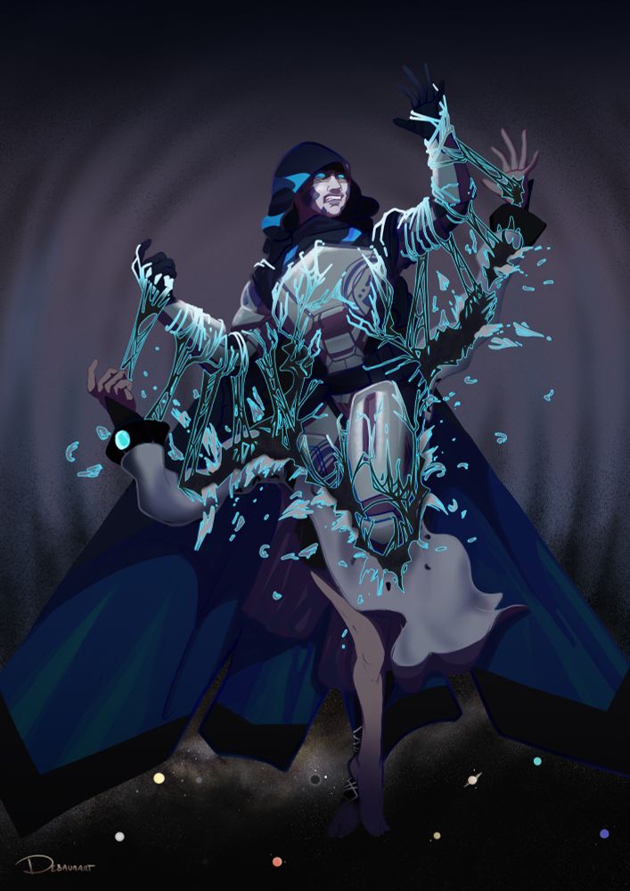 The image shows a macabre scene of a character pulling herself free from the body of her former life. Orin, from Destiny 2 is separating from her Emissary persona like a moth molting. Below her, our solar system watches on as she abandons her duties as emissary to pursue free will. It is a dark, moody piece utilizing primarily cold colors and mild body/cosmic horror elements.