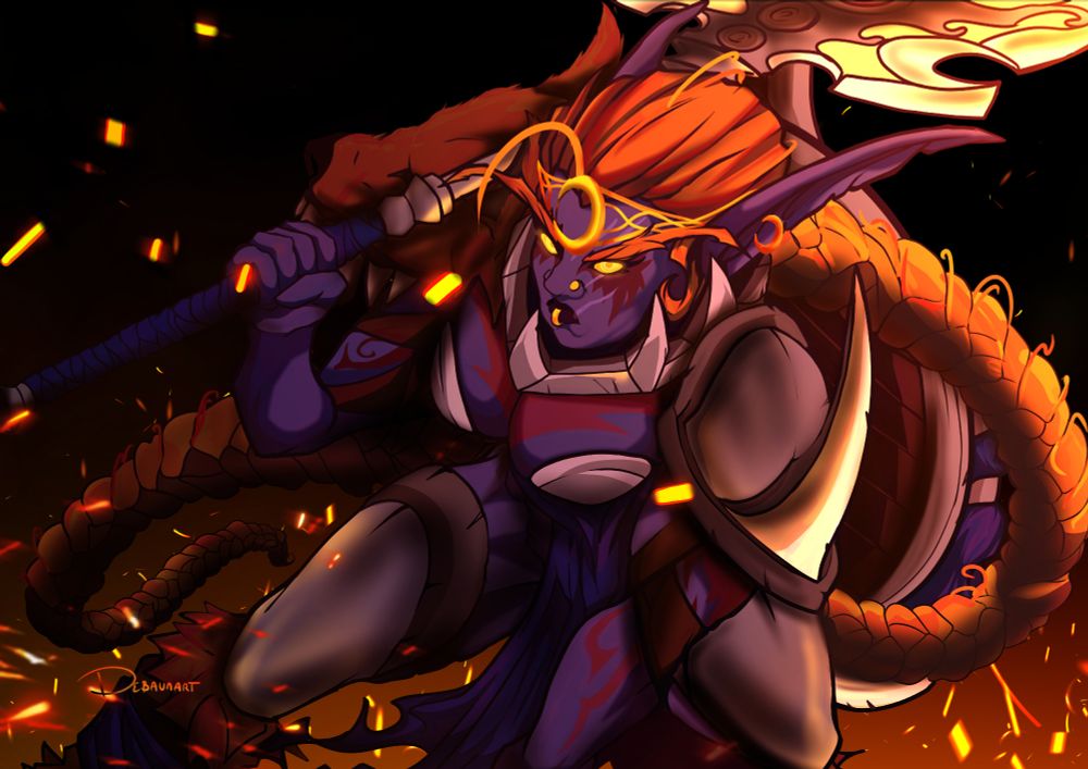 Pictured is a woman in ragged, wild armor, with cool dark purple skin and warm maroon tattoos, and a blazing hot, large, thick, orange braid that trails off into the background. Her eyes glow with an intense heat and focus, and her pose is like that of a wild wolf. She holds a great spear over her shoulder and an orcish shield is on her back. Flames lick up from the corners of the composition, and ignite her visage, while an ominous black background keeps her in focus.