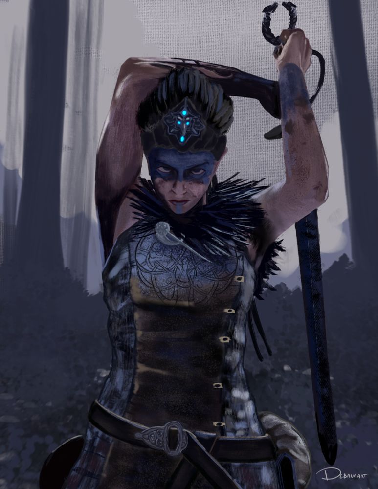 The image shows a pict warrior woman in the era of Vikings. The woods are dark with an ominous light glowing through the trees and fog. The woman, Senua, holds her blade high above her head, her look is determined. Old leathers and woad adorn her as well as a headdress with glowing gems