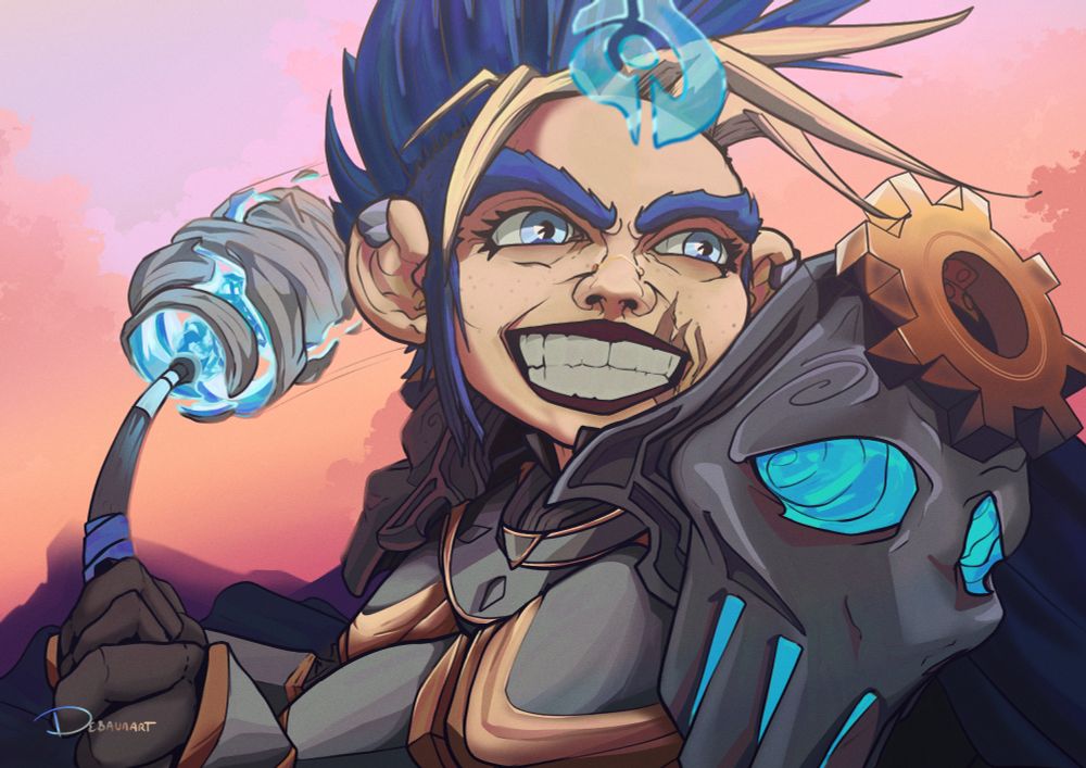 Pictured is the same gnome with a big toothy grin, wielding a fierce looking electrical hammer of some alien make. The symbol on her head floats bright, her large skeletal armor adorned with gnomish gears does not hold her back. She will smash through anything in her way!