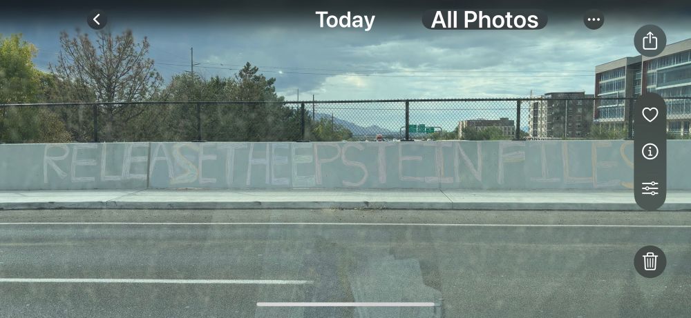 “Release the Epstein Files” written in chalk on highway divider. 